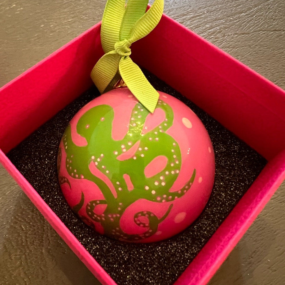 Lilly Pulitzer glass hall ornament in hotty pink touchy feely